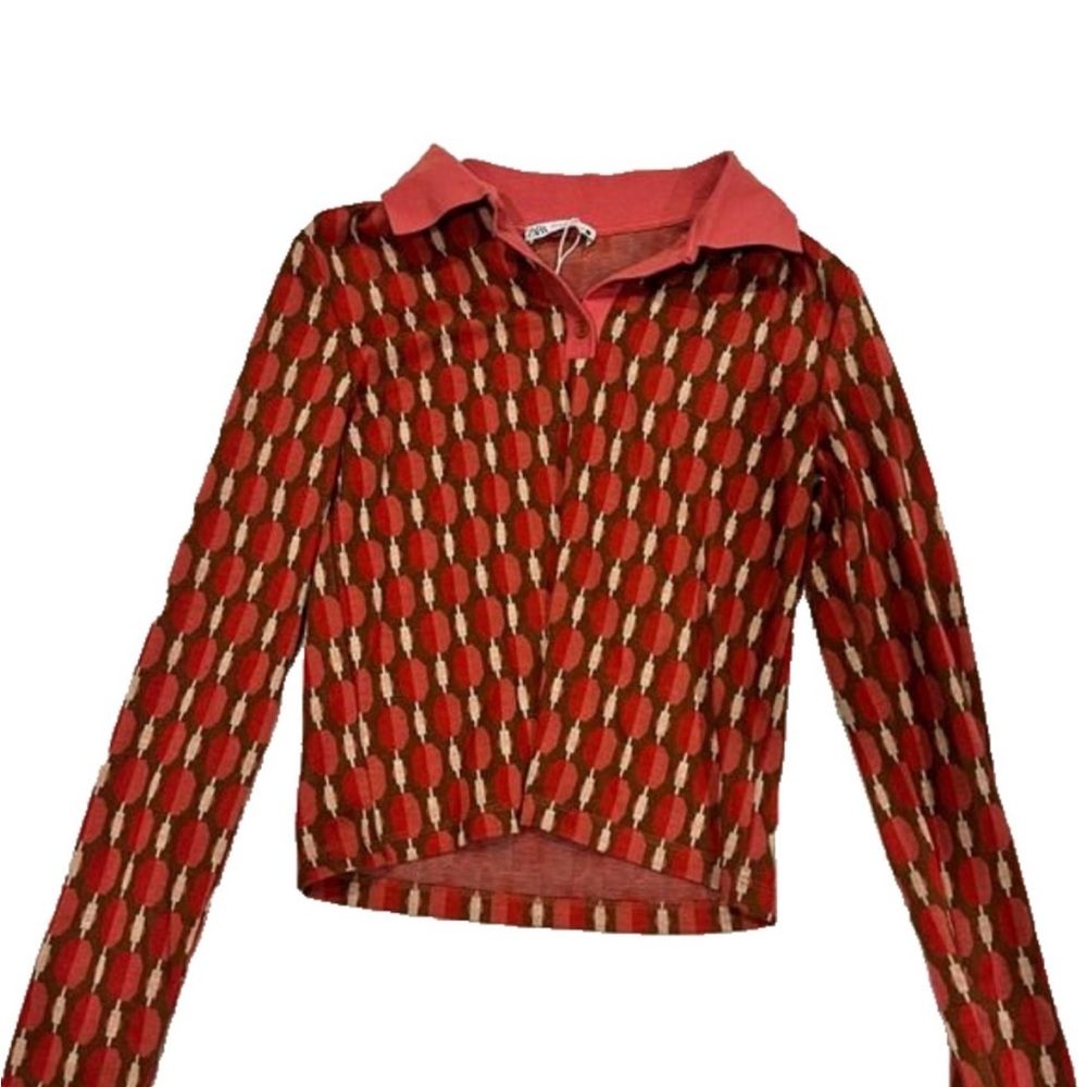Zara Red and Cream Patterned V-Neck Sweater
